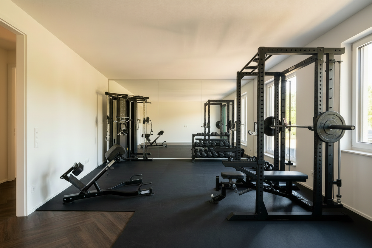 Heller, kompakter Fitnessraum mit klaren Trainingszonen – geplant von StrateFit